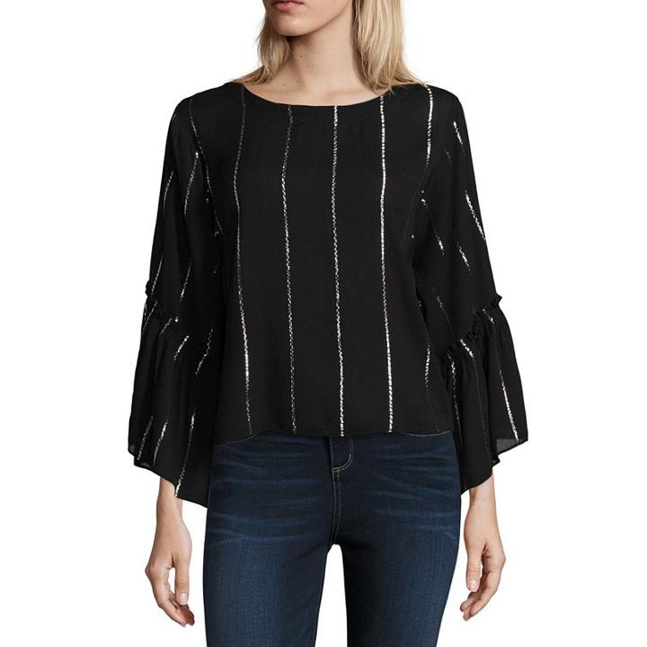 Libby Edelman Libby Edelman Pinstripe Lurex Top Long Sleeve Round Neck Woven Blouse
