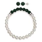 6-7mm Cultured Freshwater Pearl And 6mm Green Lab Created Crystal Bead Sterling Silver Earring And Bracelet Set