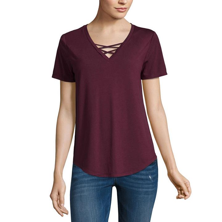 Short Sleeve V Neck Lace Up T-shirt - Juniors