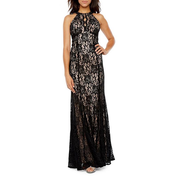 R & M Richards Sleeveless Halter Lace Evening Gown