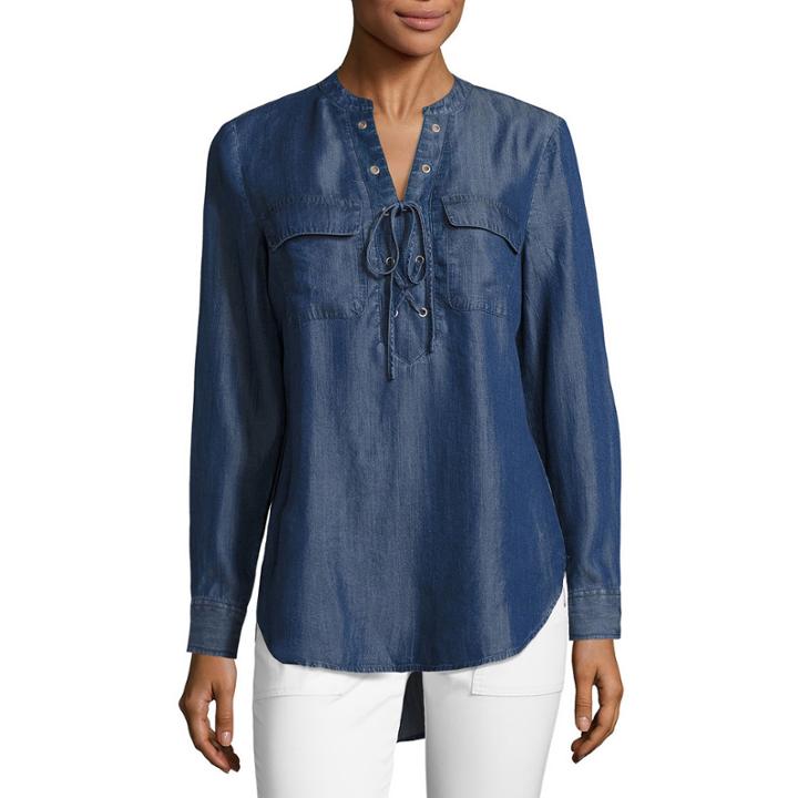 A.n.along Sleeve Y Neck Woven Blouse-talls