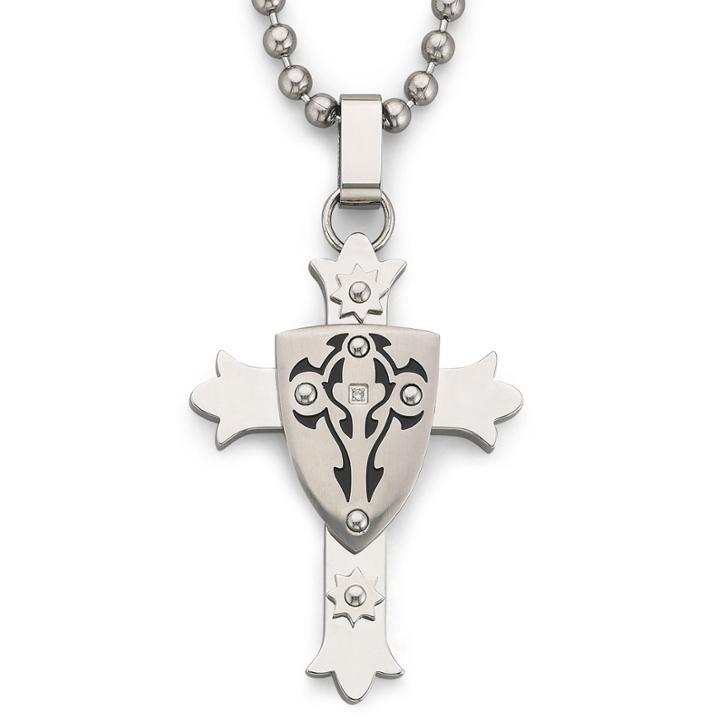 Mens Stainless Steel Cross With Shield Pendant Necklace