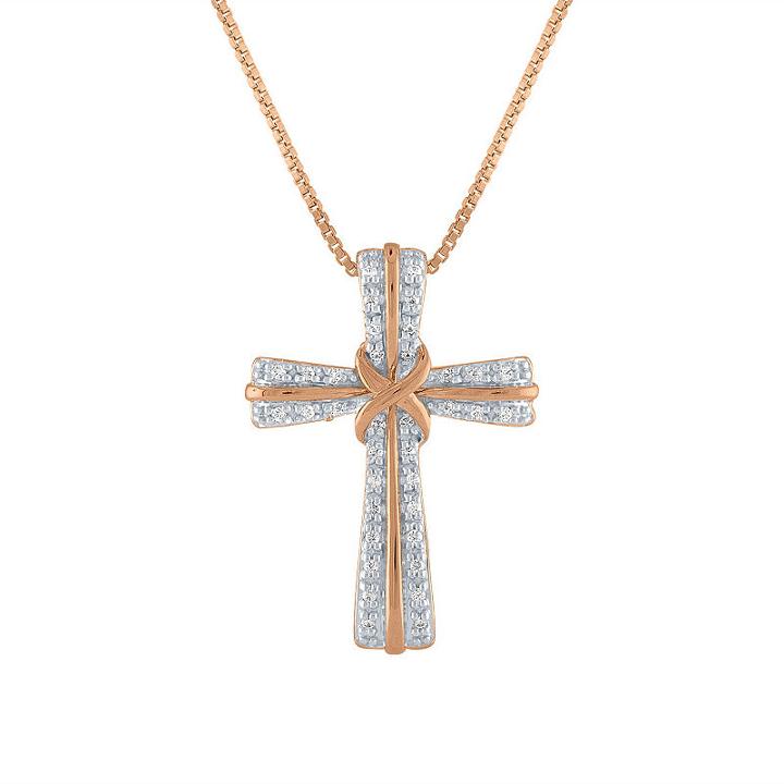 Womens 1/10 Ct. T.w. Genuine White Diamond 14k Rose Gold Over Silver Cross Pendant Necklace