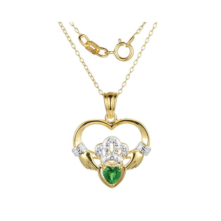 Heart-shaped Genuine Emerald And Diamond-accent Claddagh Pendant Necklace