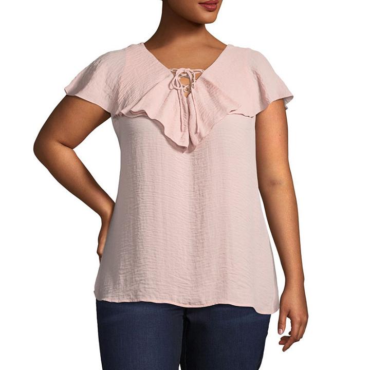 Boutique + Short Flutter Sleeve Lace Up Woven Blouse-plus