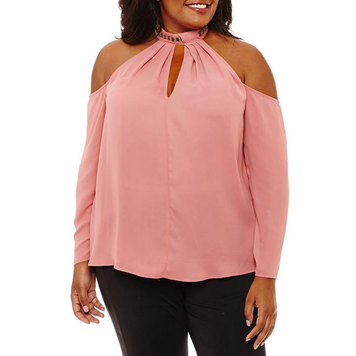 Bold Elements Cold Shoulder Jewel Chokerneck Blouse-plus