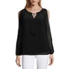 Worthington Long Sleeve Keyhole Neck Tie Blouse-petites