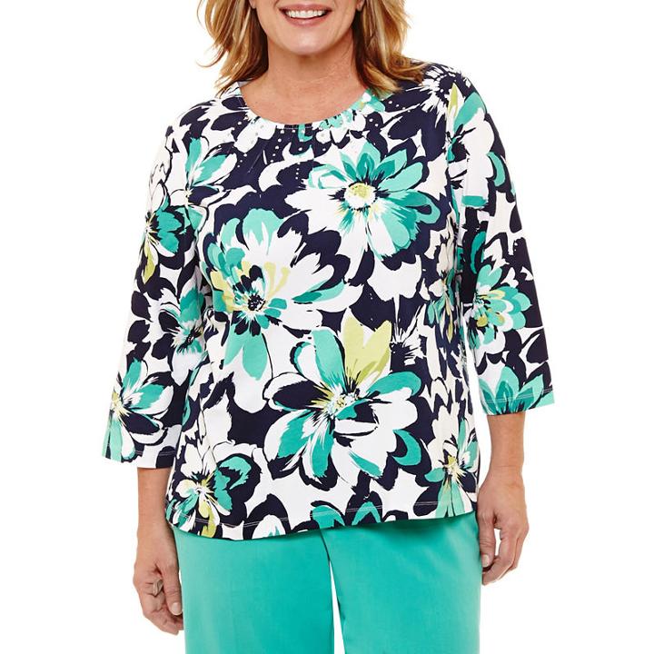 Alfred Dunner Montego Bay 3/4 Sleeve Floral T-shirt- Plus