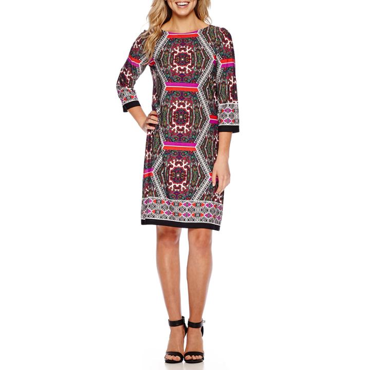 London Times 3/4-sleeve Hexagon Medallion Shift Dress