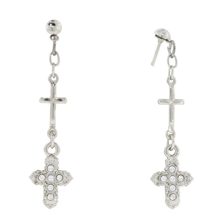 1928 Religious Jewelry Clear Brass Cross Drop Earrings