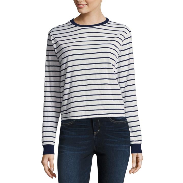 Arizona Long Sleeve Round Neck Stripe T-shirt-womens Juniors