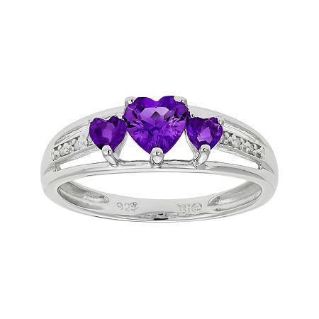 Genuine Amethyst Heart-shaped 3-stone Sterling Silver Ring