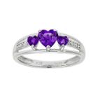 Genuine Amethyst Heart-shaped 3-stone Sterling Silver Ring