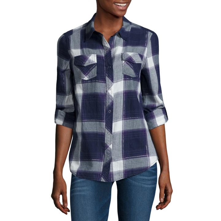 Arizona Long Sleeve Classic Plaid Shirt-juniors
