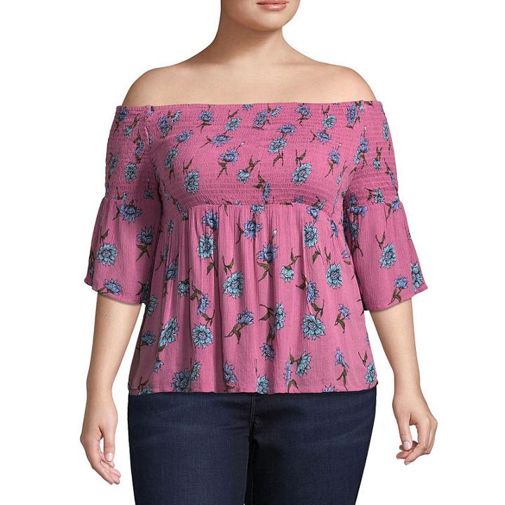 Arizona Smocked Off The Shoulder Woven Blouse-juniors Plus