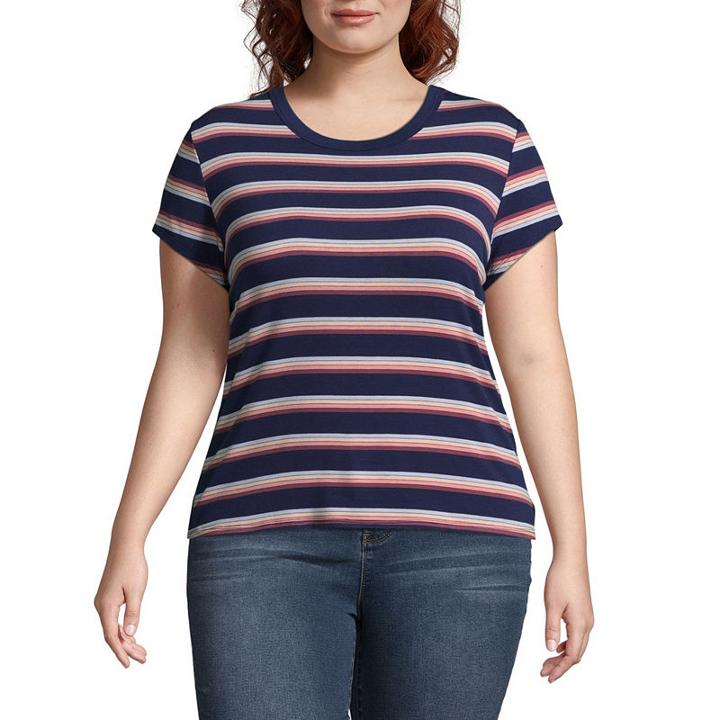 Arizona Short Sleeve Crew Neck Stripe T-shirt-womens Juniors Plus