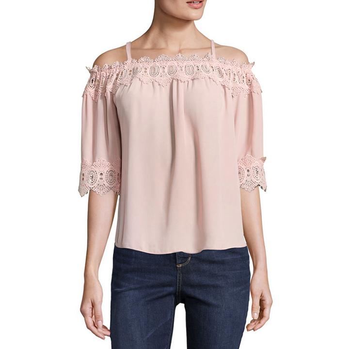 By & By Elbow Sleeve Straight Neck Crepe Blouse-juniors