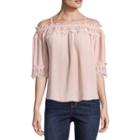 By & By Elbow Sleeve Straight Neck Crepe Blouse-juniors