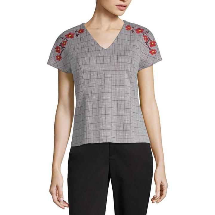 Liz Claiborne Short Sleeve V Neck Ponte Embroidered Plaid Blouse