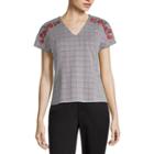 Liz Claiborne Short Sleeve V Neck Ponte Embroidered Plaid Blouse