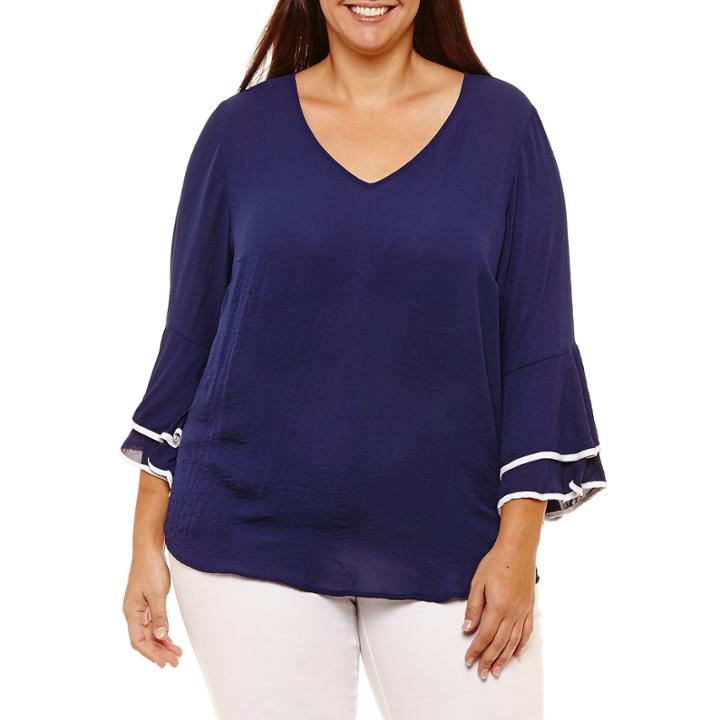 Liz Claiborne V-neck Ruffle Blouse- Plus