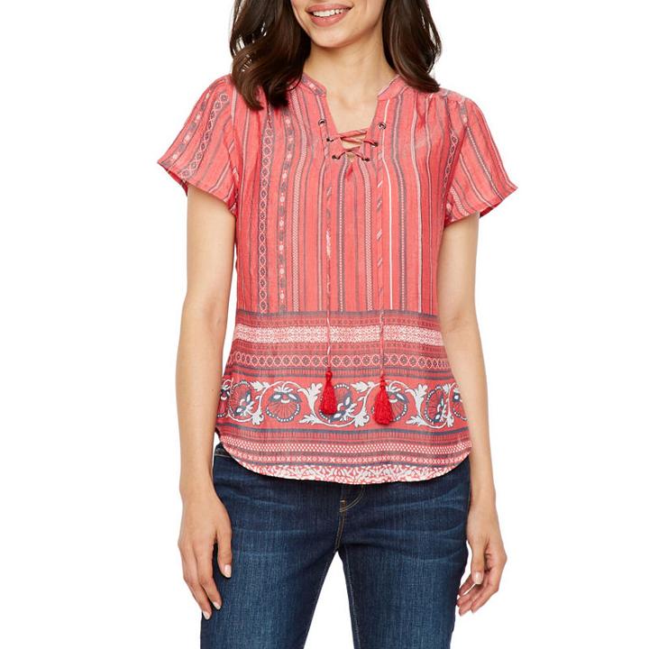 St. John's Bay Short Sleeve V Neck Blouse-petite