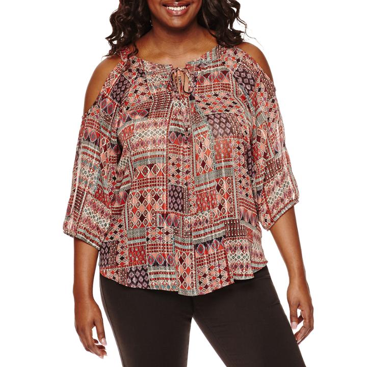 By & By Cold-shoulder Printed Peasant Top - Plus
