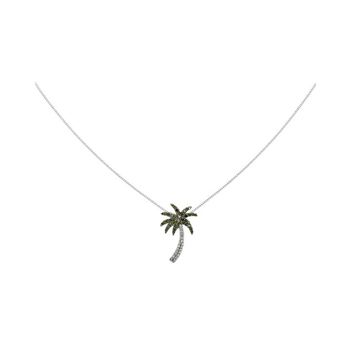 14k White Gold White & Color-enhanced Green Diamond Palm Tree Chain Slide Pendant