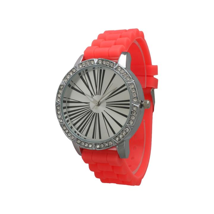 Olivia Pratt Womens Rhinestone Bezel Roman Numeral Dial Coral Silicon Watch 20369coral