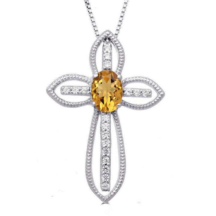 Womens Genuine Orange Citrine Sterling Silver Cross Pendant Necklace
