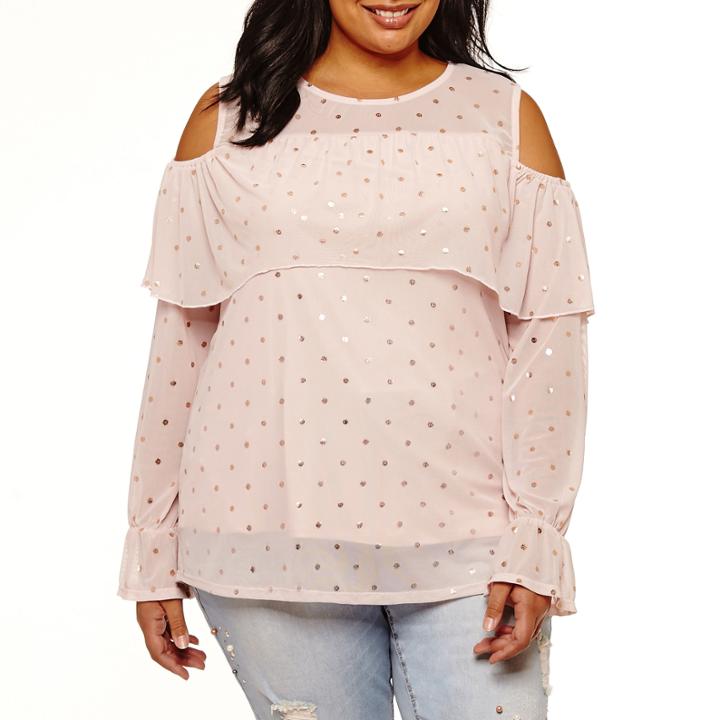 Boutique + Long Sleeve Cold Shoulder Mesh Blouse-plus