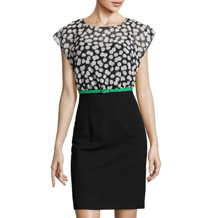 Byer Dot Print Cap-sleeve Belted Sheath Dress