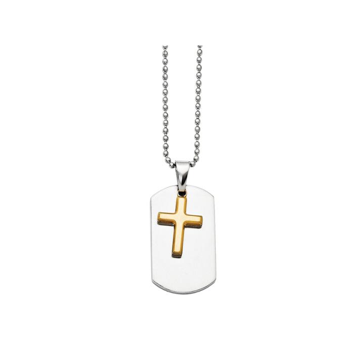 Mens Stainless Steel Yellow Ion-plated Cross Dog Tag Pendant