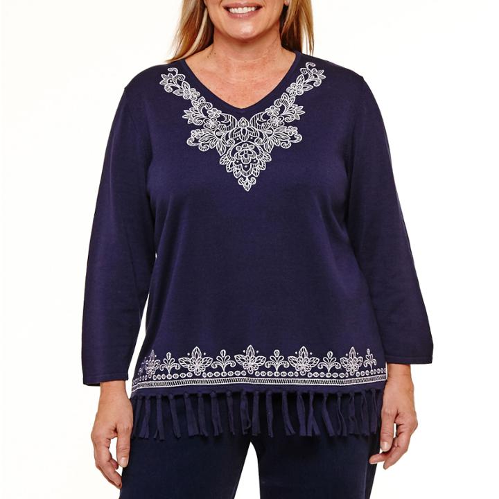 Alfred Dunner Montego Bay Scroll Fringe Sweater-plus
