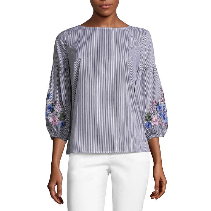 Liz Claiborne Puff Sleeve Embroidered Floral Shirt