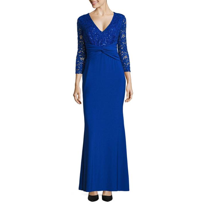 Blu Sage 3/4 Sleeve Evening Gown-petites