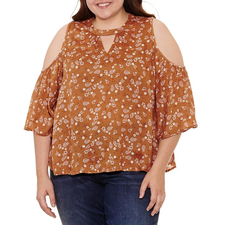 Arizona Long Sleeve Cold Shoulder Sleeve Peasant Top Juniors Plus