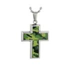 Mens Stainless Steel And Green Camouflage Cross Pendant Necklace