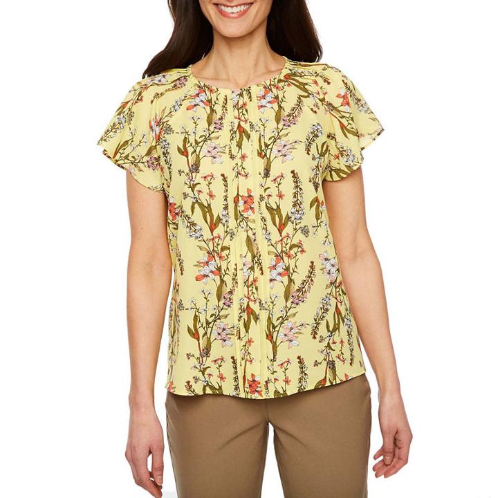 Worthington Short Sleeve Round Neck Woven Floral Blouse-petite