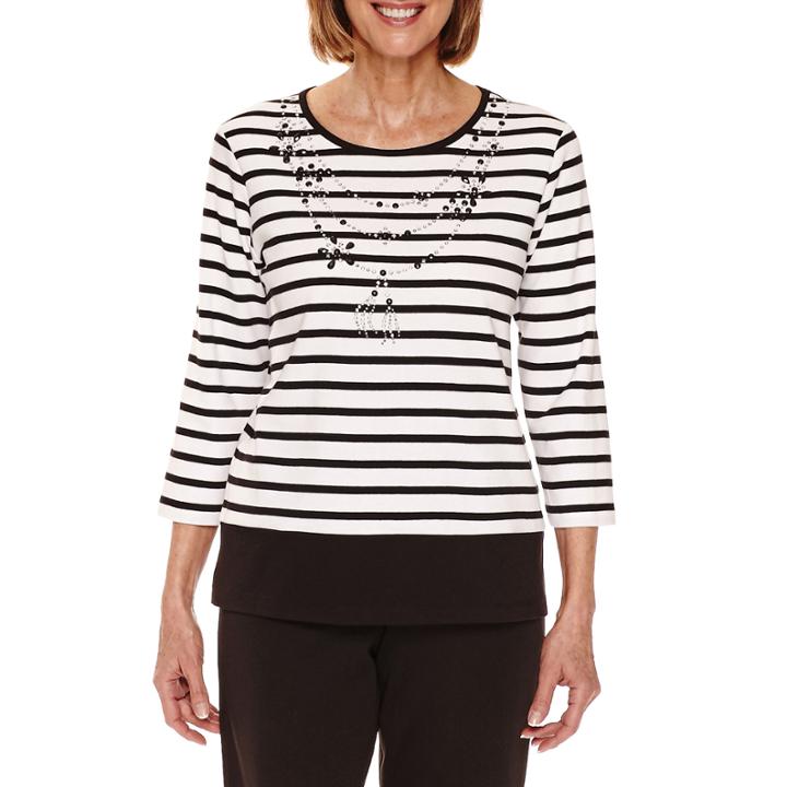 Alfred Dunner Casual Friday 3/4 Sleeve Beaded Necklace T-shirt-petites