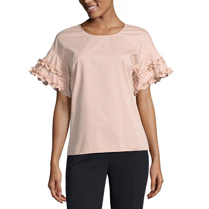 Worthington Short Sleeve Crew Neck Poplin Blouse