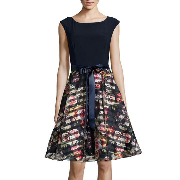 Sl Fashions Cap-sleeve Striped Floral Fit-and-flare Dress