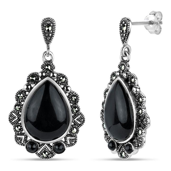 Swarovski Genuine Black Marcasite Sterling Silver Pear Drop Earrings