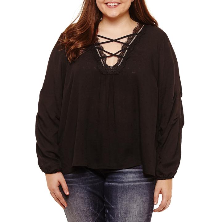 Self Esteem Long Sleeve V Neck Woven Blouse-juniors Plus