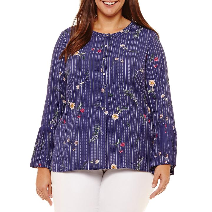 Liz Claiborne Henley Pleated Sleeve Top- Plus