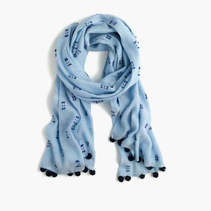 J.Crew Embroidered scarf with pom-poms