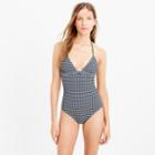 J.Crew Long torso V-neck one-piece swimsuit in gingham seersucker