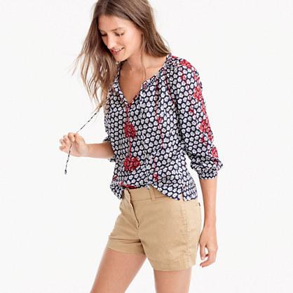 J.Crew Petite embroidered tie-neck top in printed Indian voile
