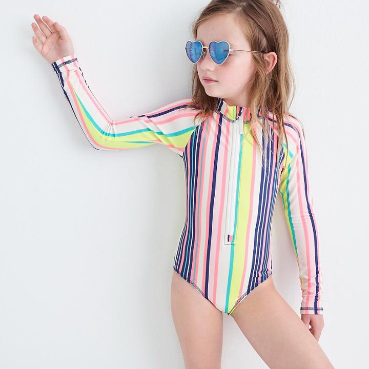 J.Crew Girls' long-sleeve one-piece swimsuit in pink stripe