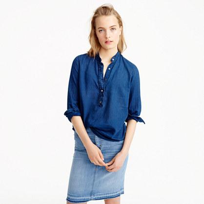 J.Crew Petite ruffled indigo gauze popover shirt